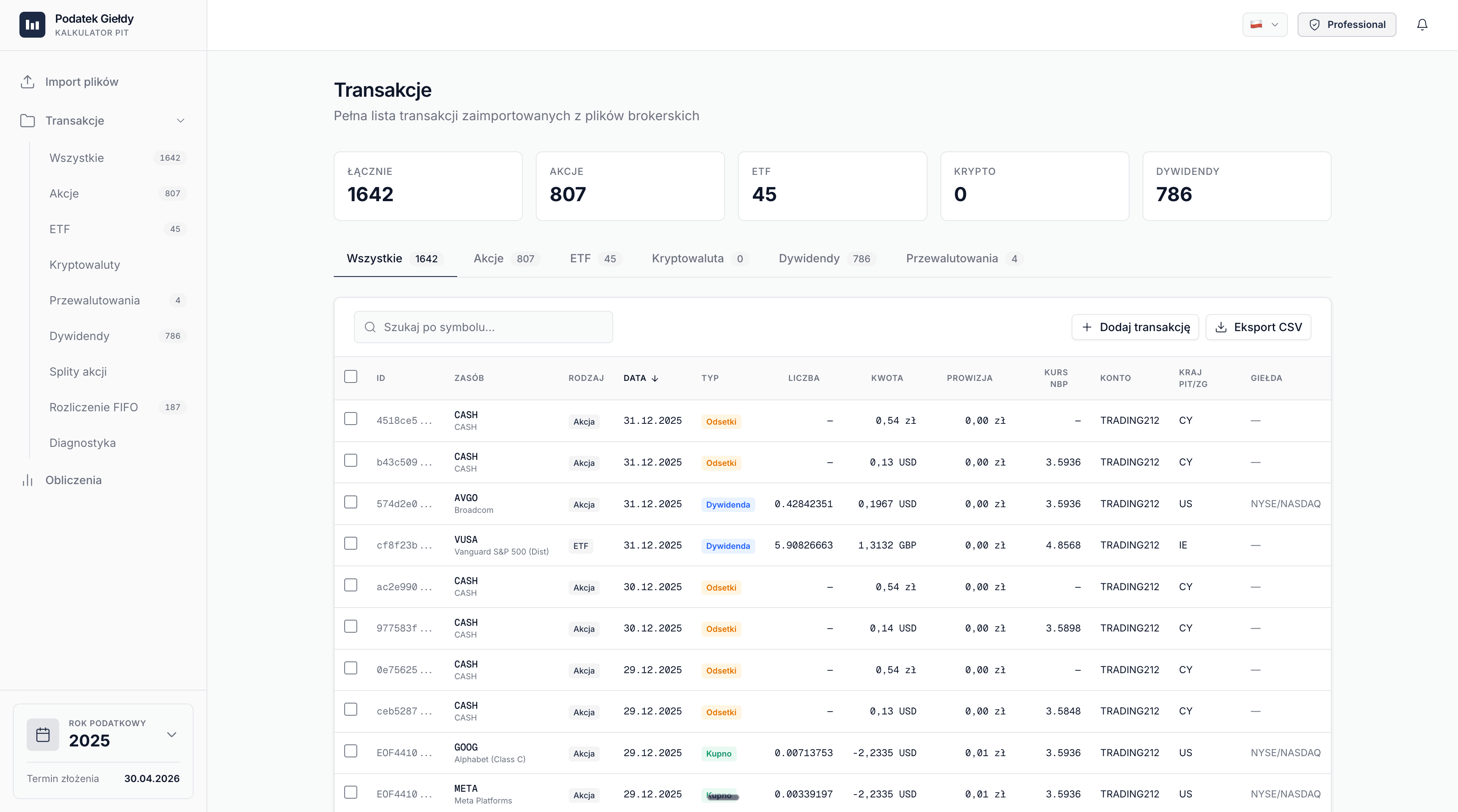 Panel transakcji - pełna lista zaimportowanych transakcji z filtrami i statystykami